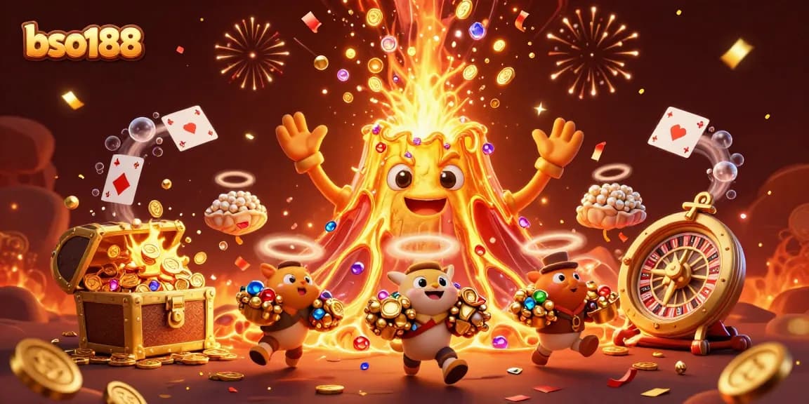 Bso188 showcases thrilling casino action with a golden volcano erupting treasures and lucky playing cards.