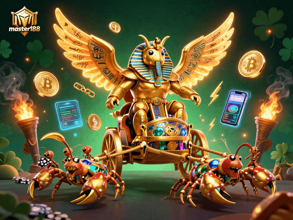 Experience thrilling wins at master188 with a dynamic casino scene featuring a pharaoh beetle and cryptocurrency elements.
