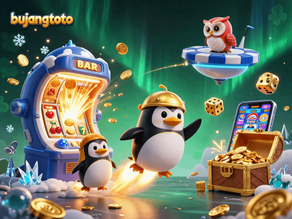 Bujangtoto menawarkan pengalaman luar biasa dengan slot jackpot dan koin emas terbang dalam ilustrasi penuh warna.