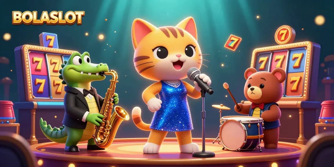 BOLASLOT features a dynamic 3D casino scene with a jazz-singer cat, saxophone crocodile, and drum-playing bear, surrounded by slot machines.