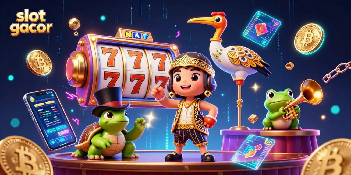Fokus pada slot gacor dengan simbol slot keberuntungan bersama karakter lucu di dalam kasino.