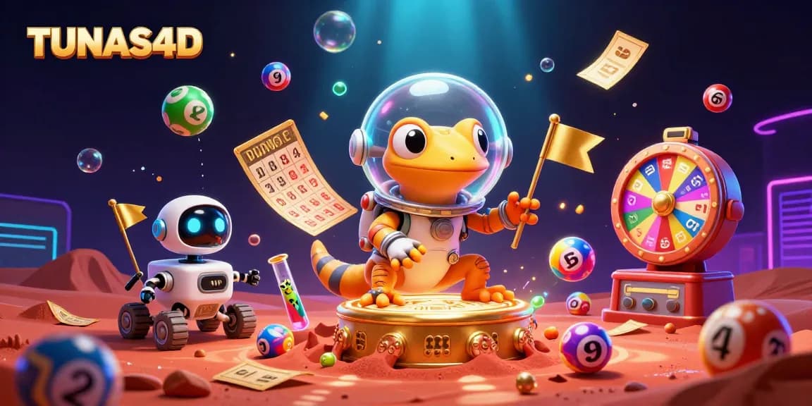TUNAS4D players engaging with a vibrant alien-themed casino adventure, featuring dynamic elements like colorful lottery balls.