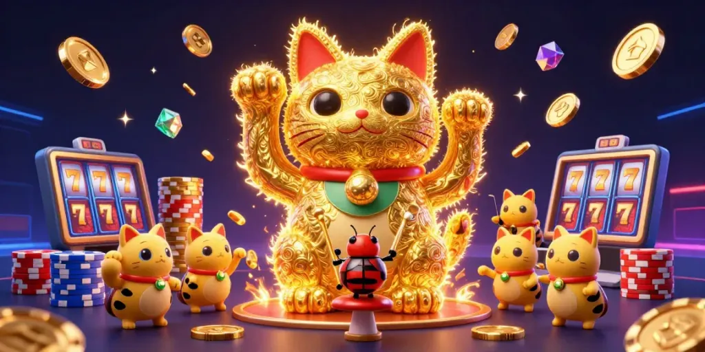 Experience exciting gameplay with jonitogel's vibrant 3D illustration featuring lucky cat symbols, coins, and poker chips.