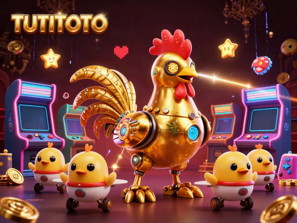 TUTITOTO brings excitement with a golden rooster robot shooting lasers and baby chick drones in an electrifying casino scene.