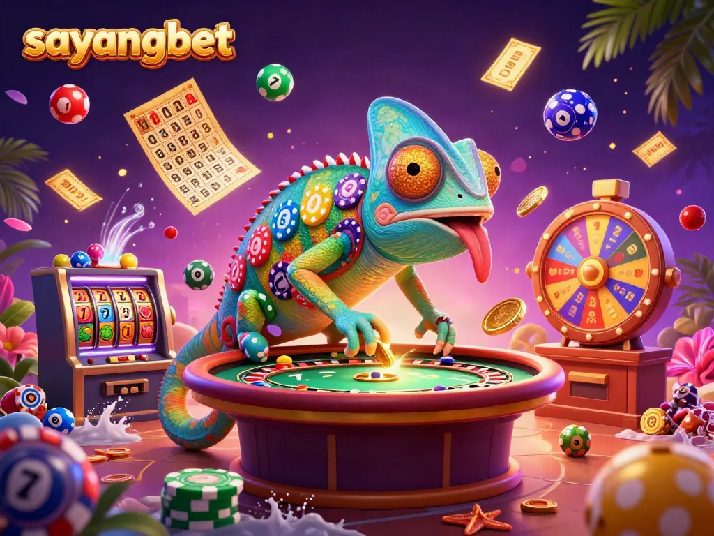 Experience excitement at Sayangbet's vibrant casino scene with chameleon character and dynamic gaming elements.