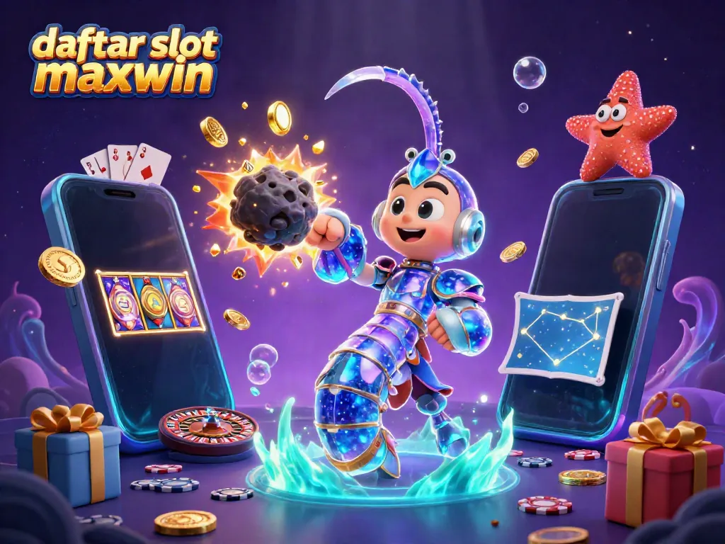 Experience the excitement of daftar slot maxwin with 3D characters showcasing vibrant slot games and precious gems.