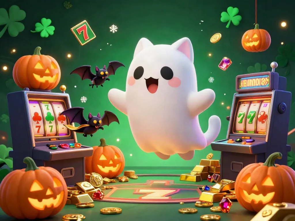 Experience the thrill of slot online with a ghost cat and a vampire bat in a vibrant casino.