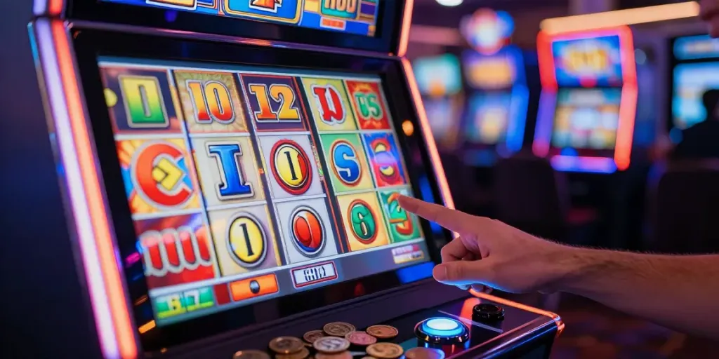 Reel slot NAGAHOKI303 yang berputar dengan simbol warna-warni, menciptakan suasana kasino yang mendebarkan.