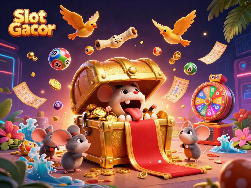Mainkan Slot Gacor dengan peti harta karun emas dan simbol slot yang menarik.