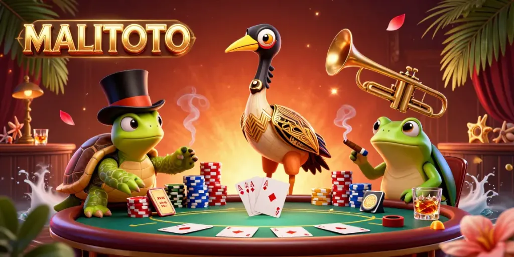 MALITOTO showcases a vibrant 3D scene with a cartoon crane, turtle, and frog amidst dynamic poker elements.