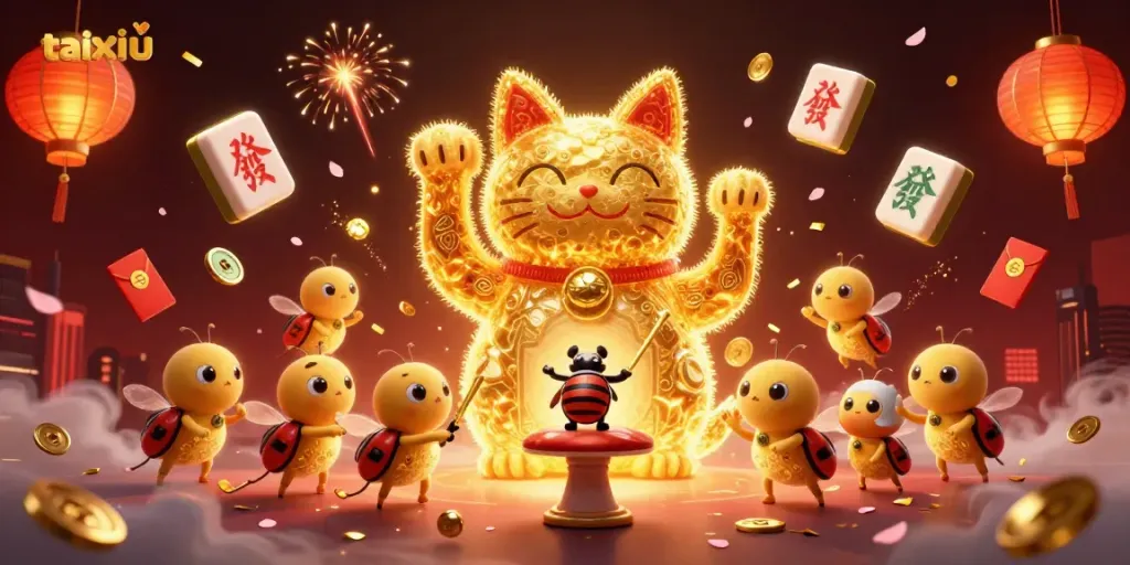Engage in the thrilling experience of taixiu with a giant lucky cat and casino symbols in this vibrant illustration.