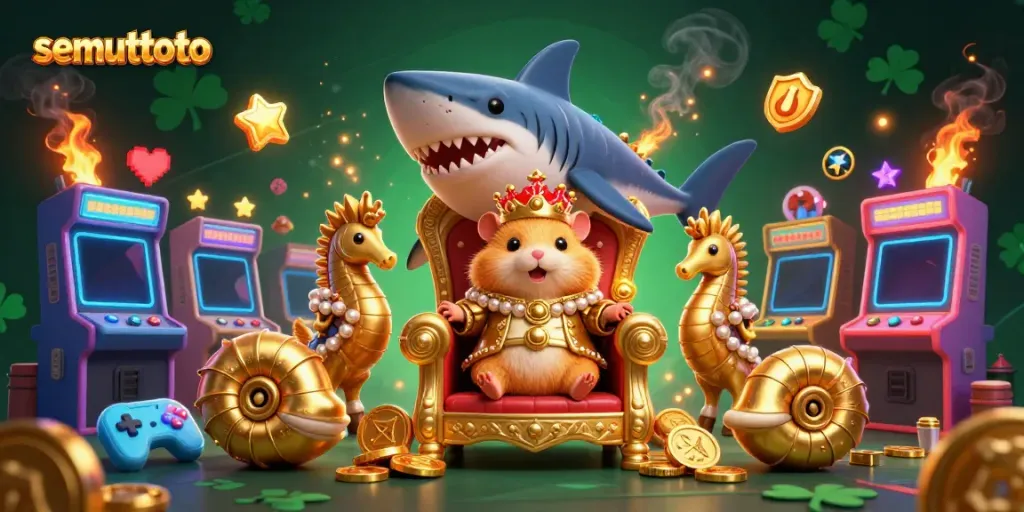 Menggambarkan semuttoto dengan raja hamster emas memakai mahkota karang di atas kursi gigi megalodon, dikelilingi permainan kasino.