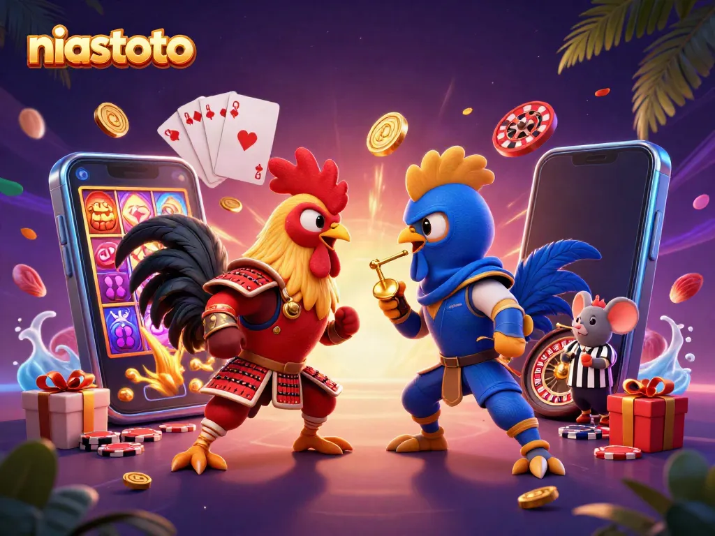 Si Twin rooster niastoto bertarung di arena dengan elemen kasino dan slot.