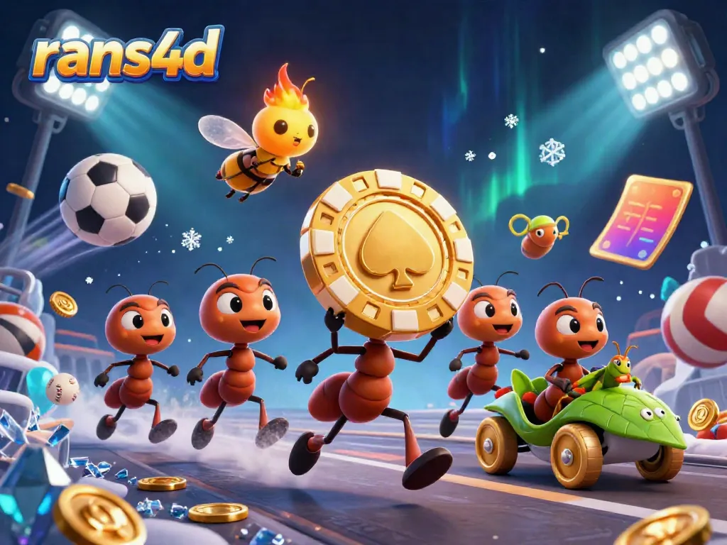 RANS4D menghadirkan tim semut yang membawa chip poker emas raksasa dalam suasana kasino yang sibuk.