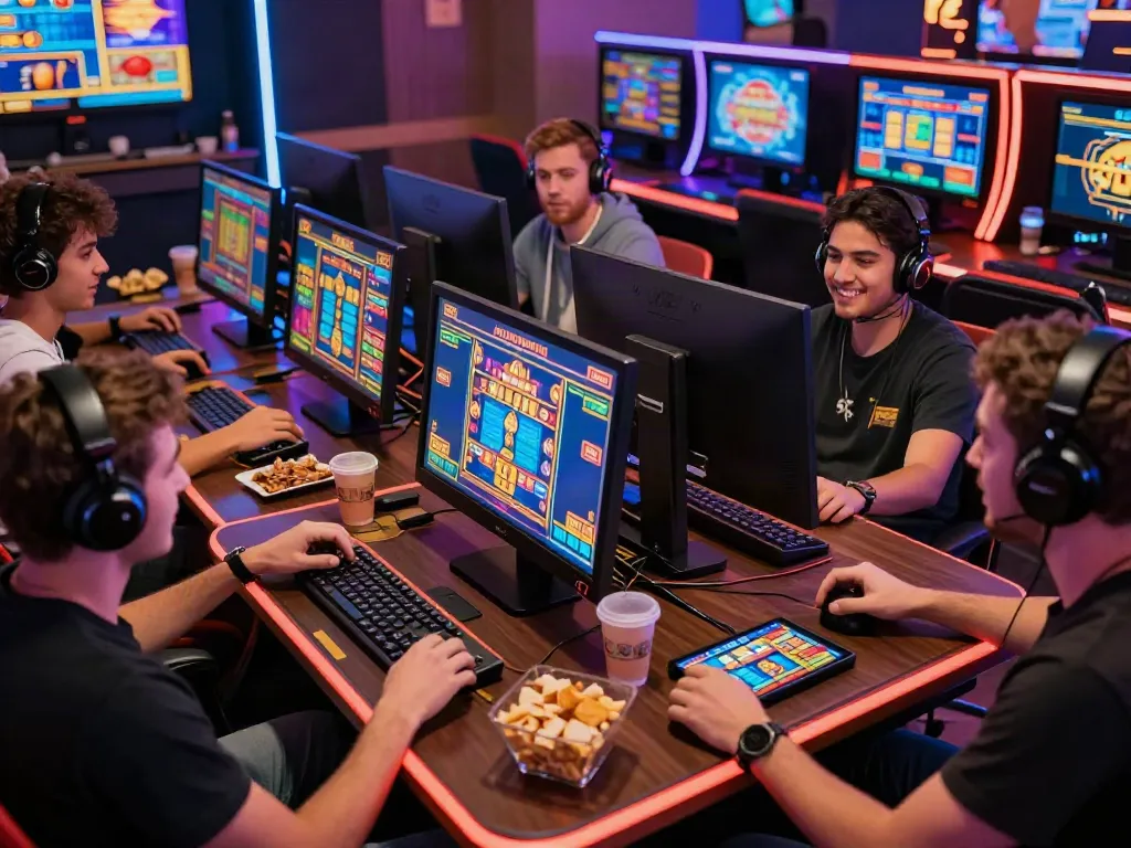 Exciting gaming session with players enjoying AHHA4D slots, showcasing vibrant screens and engaging atmosphere.