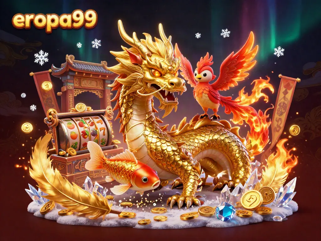 Menangkan jackpot dengan Eropa99, tampilan naga emas dan phoenix berapi lewati gulungan slot.