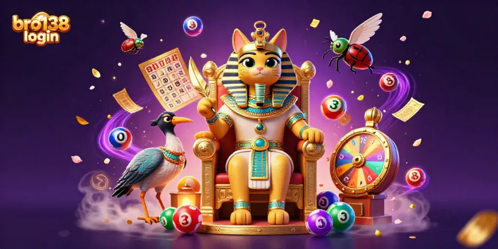 Experience the thrill of bro138 login with an animated pharaoh cat scene full of vibrant lottery elements.
