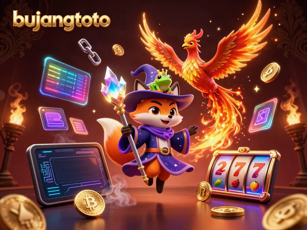Engage with bujangtoto's magical casino world featuring a wizard fox, phoenix, and enchanted frog.