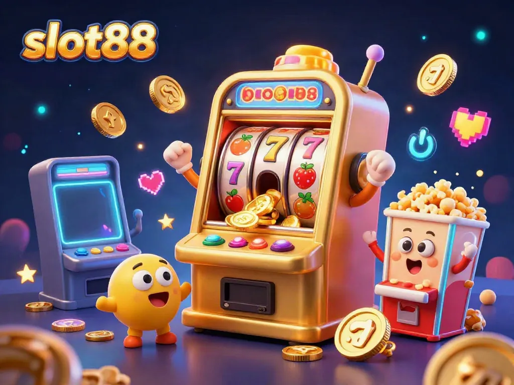 Catch the excitement of slot88 as a golden slot machine hits the jackpot, showered with coins!