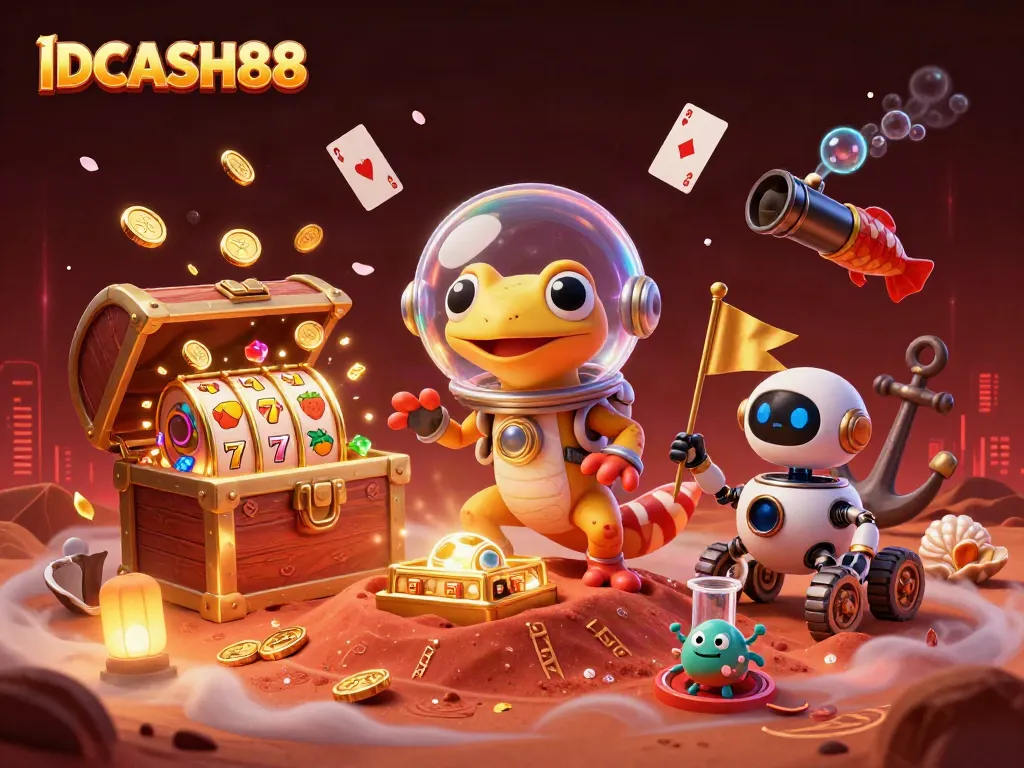 Engage in exciting gameplay with IDCASH88 at a vibrant golden casino on Mars.