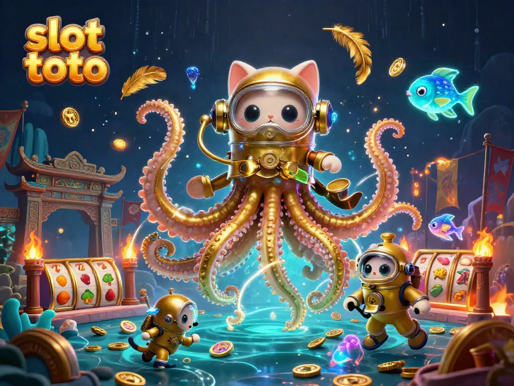 Slot toto scene featuring an animated kraken and diving cat with casino elements.