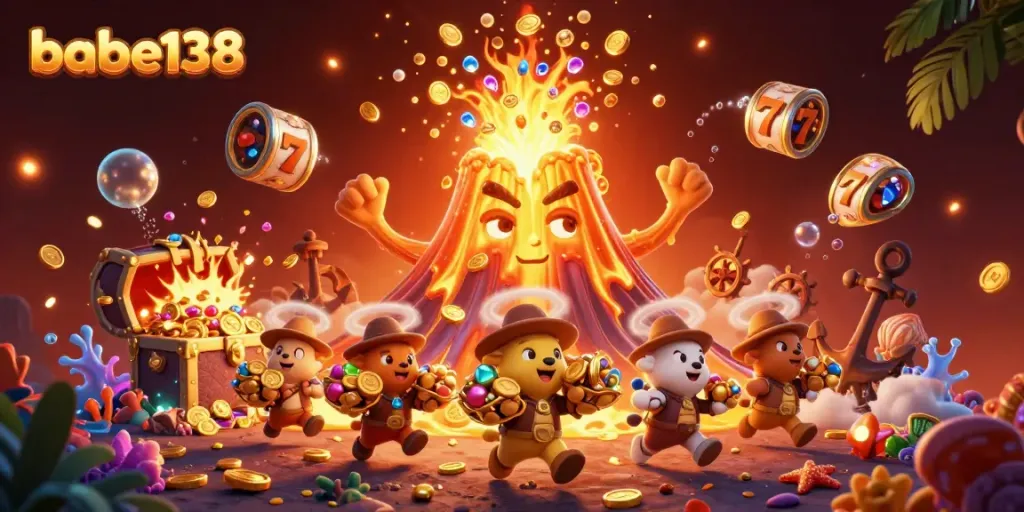 Mainkan slot terbaik di babe138 dengan ilustrasi memukau dari gunung berapi emas yang memancarkan harta karun.
