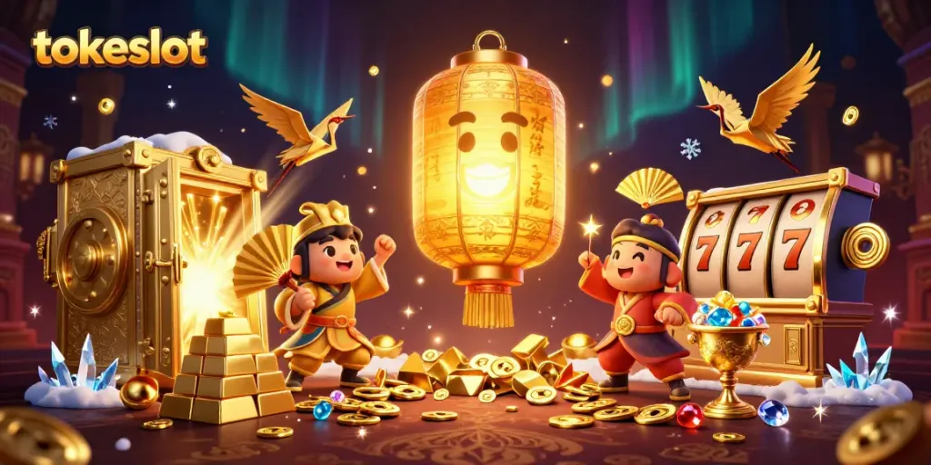Tokeslot menghadirkan ilustrasi kasino mewah dengan karakter dan simbol keberuntungan