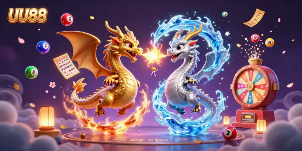 Engage in the vibrant gambling scene with UU88, showcasing fiery and icy dragons amidst colorful lottery games.