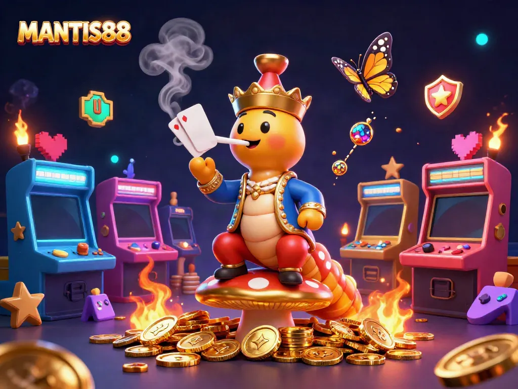 MANTIS88 showcases a vibrant 3D digital scene depicting a caterpillar hookah-master amidst dynamic gaming elements.