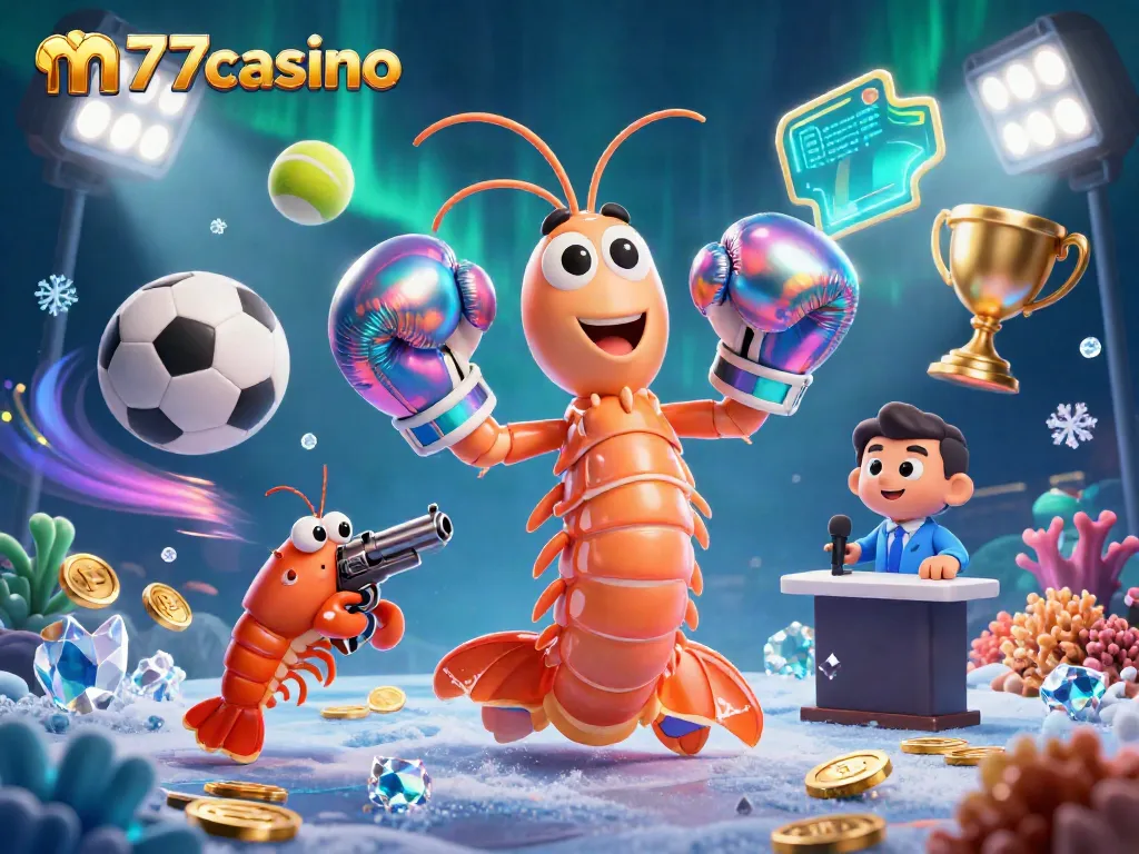 Gambaran karakter m77casino dengan udang mantis, udang pistol, dan grouper koral dalam suasana kasino yang dinamis.