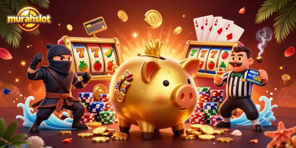 Engage in exciting gameplay with murahslot, featuring a golden piggy bank wrestler surrounded by dynamic casino elements.