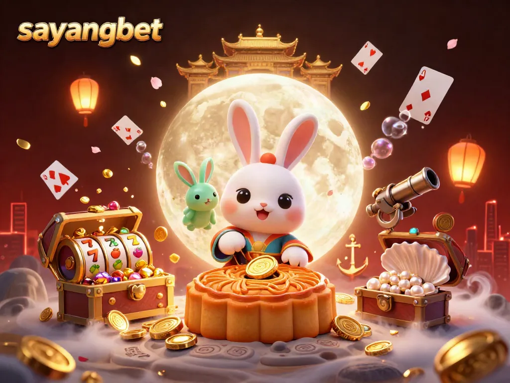 Experience the thrilling essence of sayangbet with a vibrant 3D lunar gaming scene featuring prizes symbolizing a jackpot.