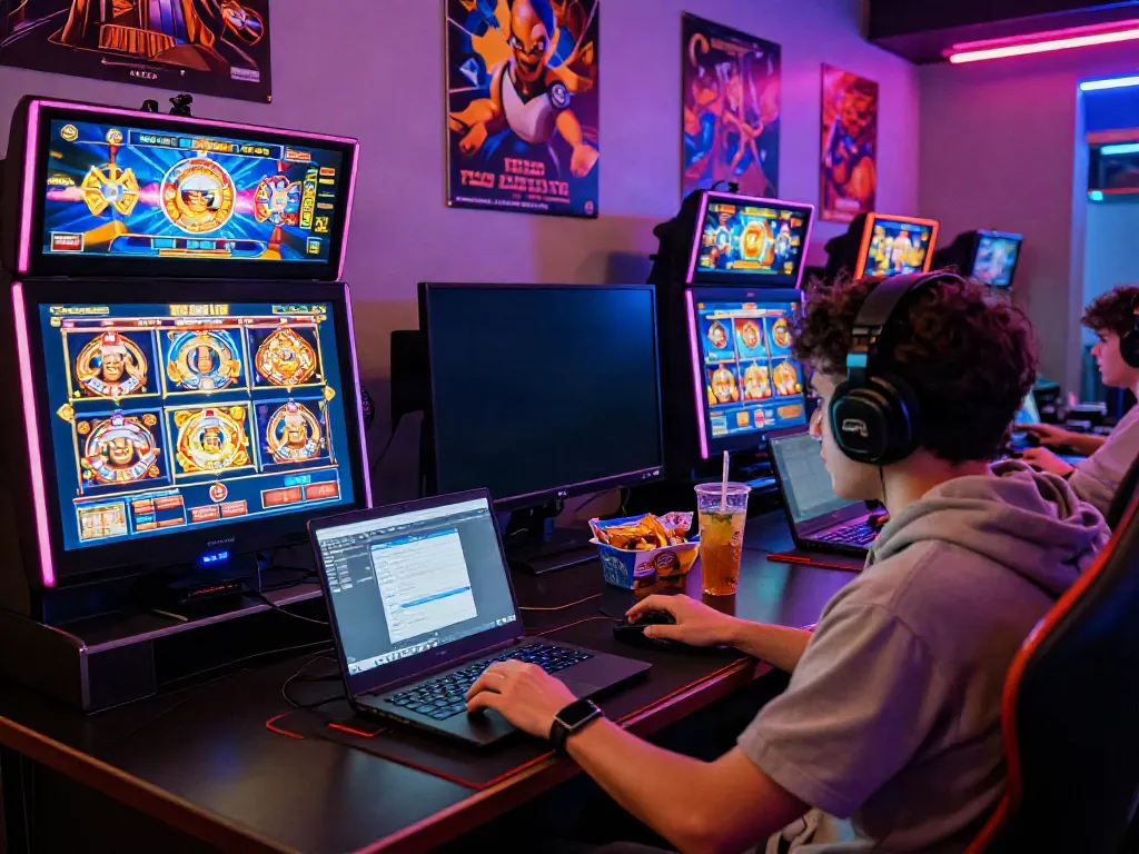 Engaged gamer playing slot games on a laptop with vibrant graphics and neon lighting.