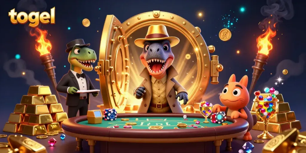 Menangkap angka togel di kasino dengan velociraptor, stegosaurus, dan kompi mencuri chip di latar belakang bercahaya emas.