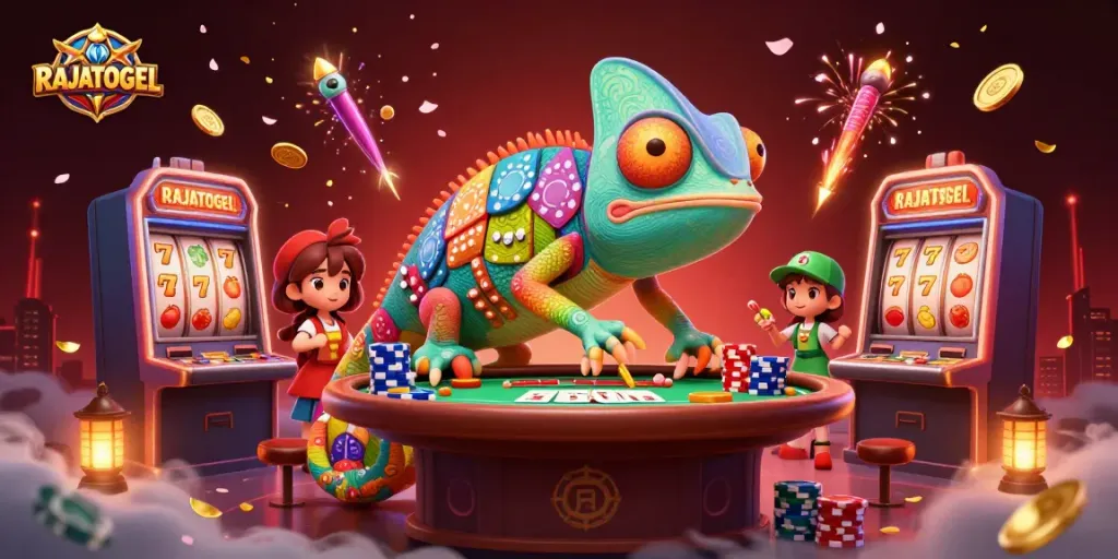 Experience RAJATOGEL with dynamic slots and vibrant casino elements in a colorful 3D digital illustration.