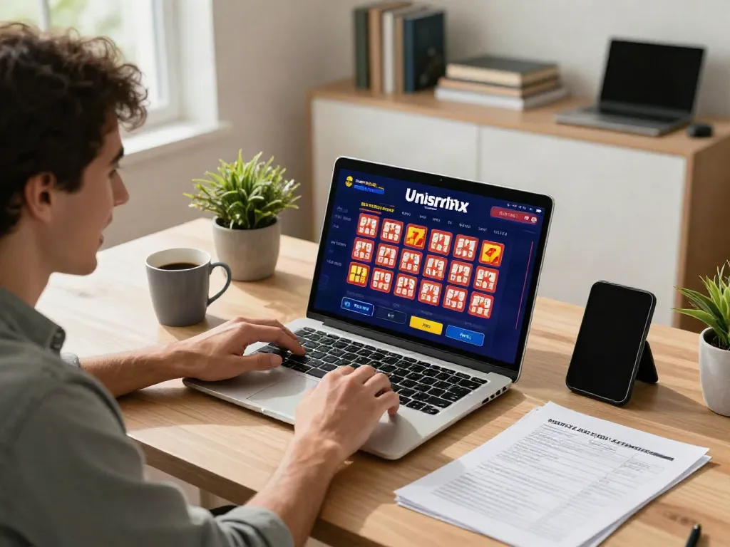 Engaged user in a dynamic unsurtoto online gambling scene at a modern home workspace.
