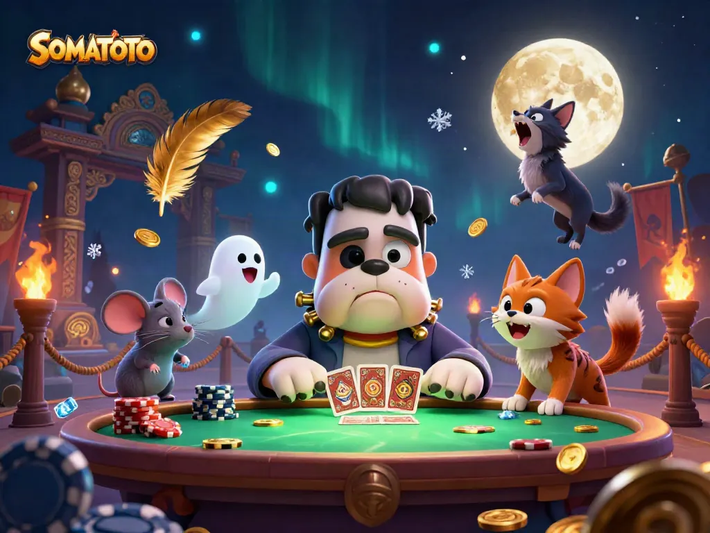 Engage with SOMATOTO's thrilling gaming scene full of fun, cards, and excitement at a spooky casino table.