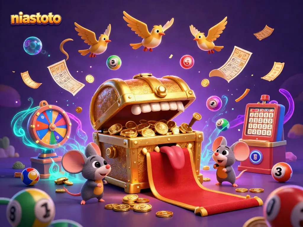 Engage with niastoto’s thrilling adventure through vibrant illustrations of games and riches, showcasing colorful lottery elements.
