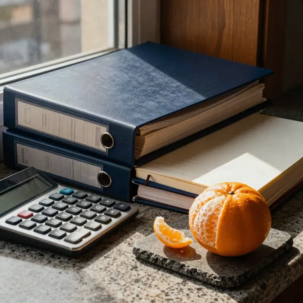 Nook riset saham pemula dengan binder, kalkulator, notebook, dan jeruk di batu.