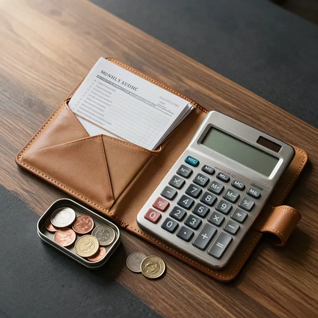 Tata anggaran bulanan dengan dompet amplop, kaleng token, kalkulator, dan baki koin di meja kayu.