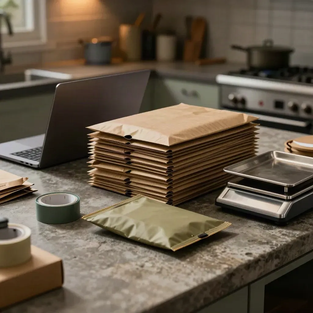 Stasiun packing samping penghasilan dengan mailer kraft, pouch tersegel, laptop tertutup, dan timbangan kecil.