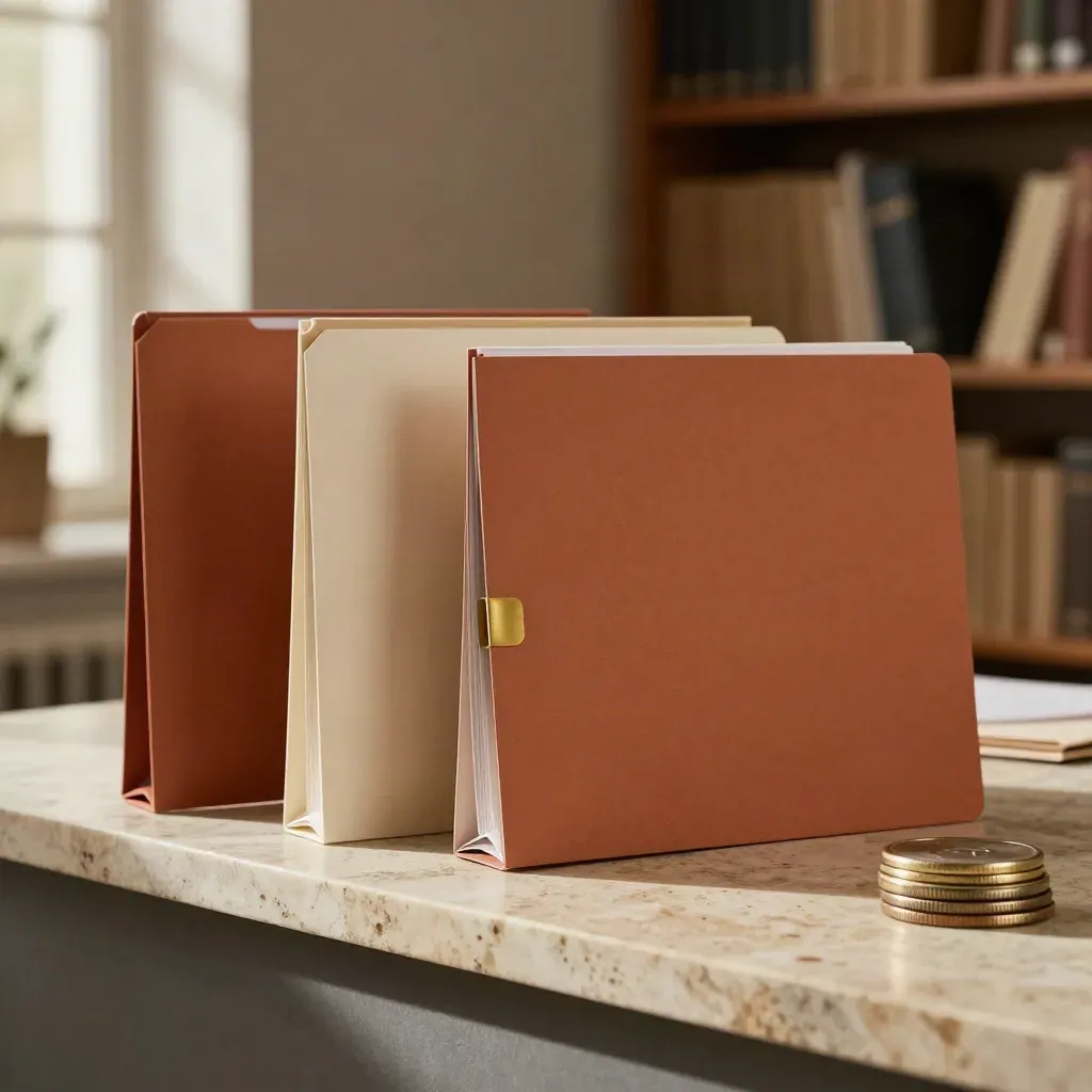 Tiga folder analisis peluang cuan di ruang studio hangat, satu folder paling maju.