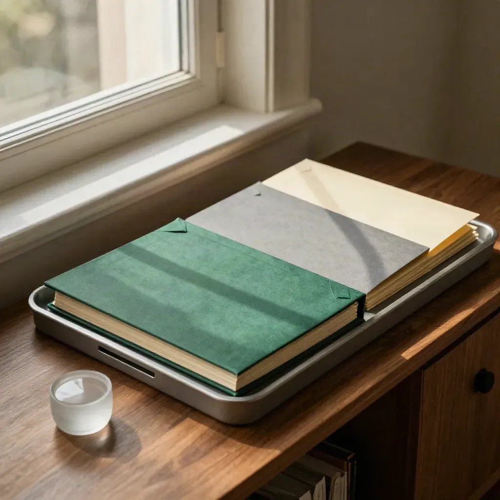 Folder reksa dana tertata rapi di atas tray, dengan satu folder hijau zamrud di depan.