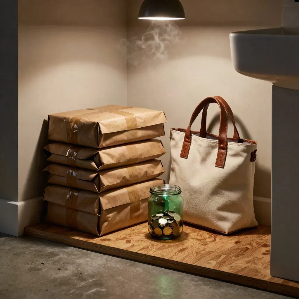 Sudut packing sampingan dengan mailer, tas kerja tertutup, dan toples cuan di apartemen.