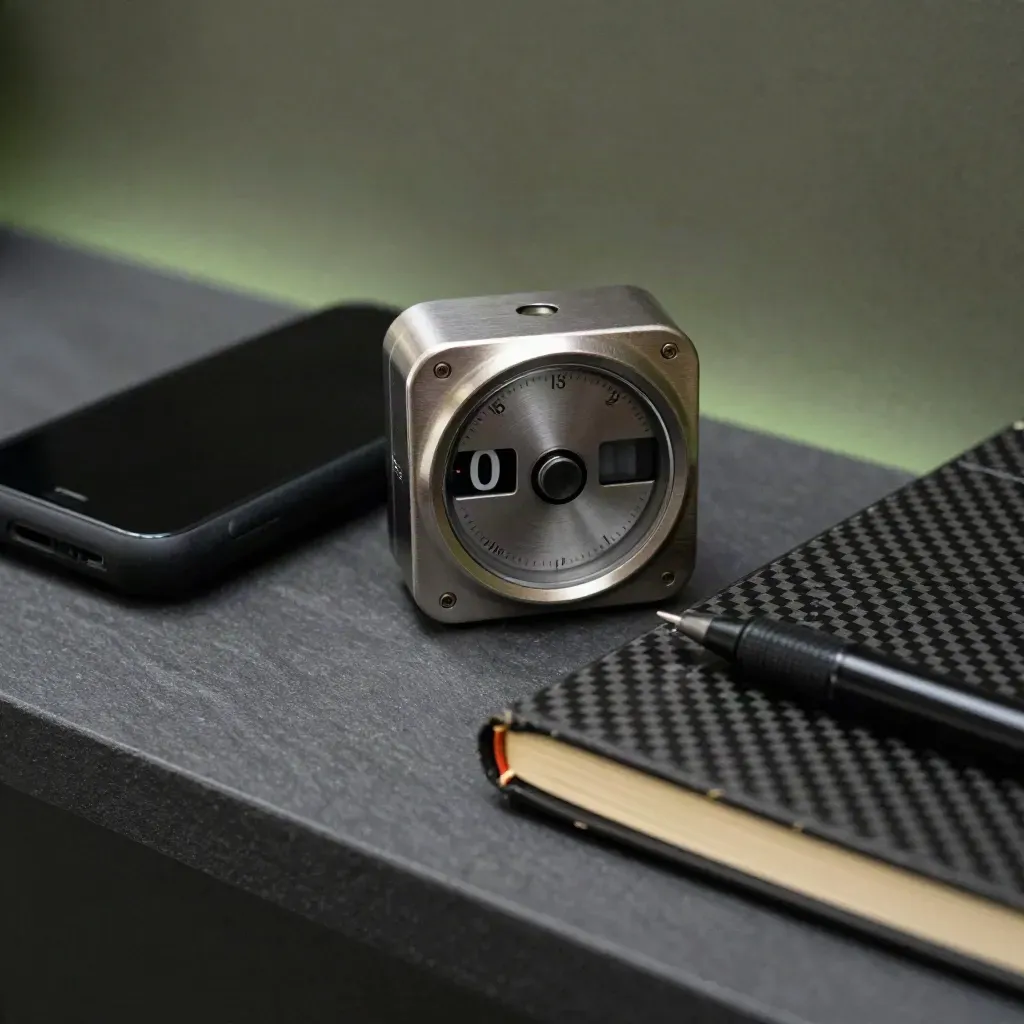Timer mekanis, ponsel hitam telungkup, dan penanda di atas sampul notebook karbon.
