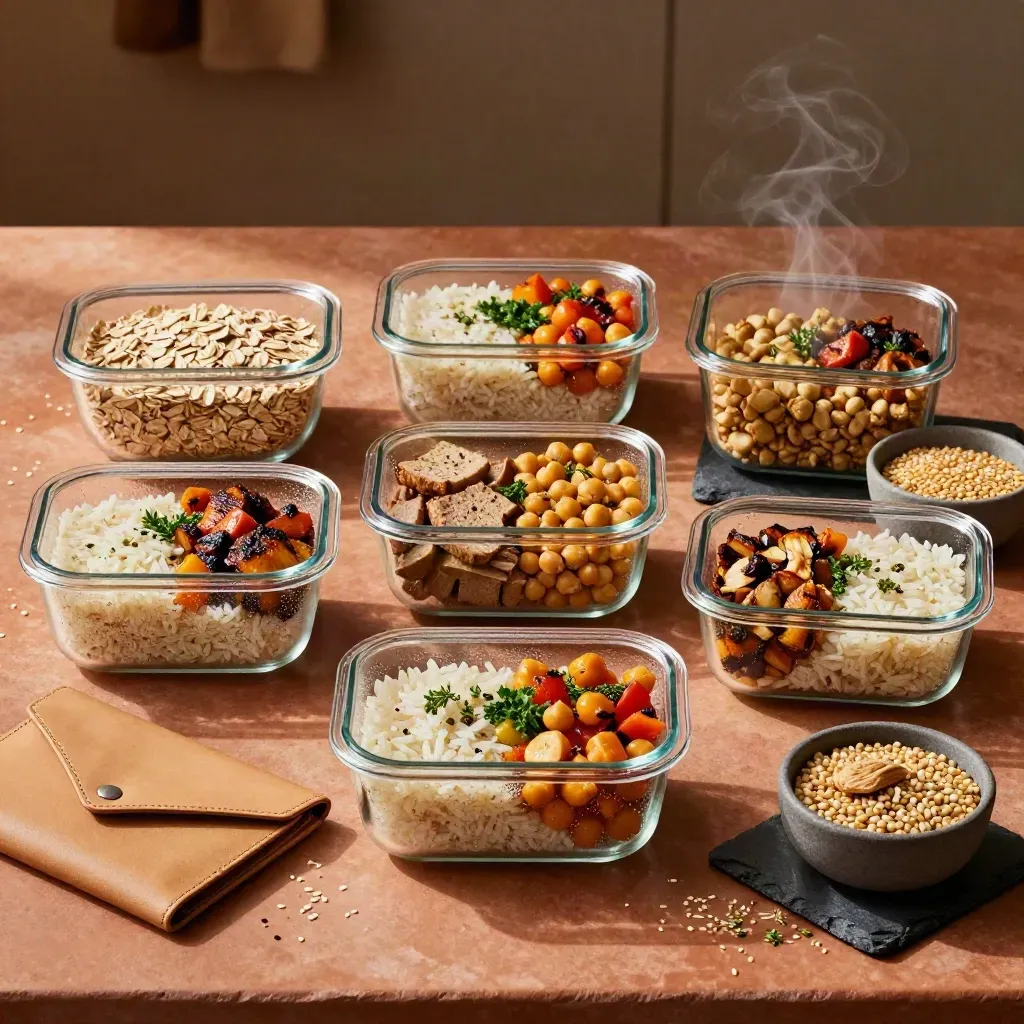 Tujuh wadah meal prep kaca, dompet budget kulit, dan mangkuk pantry di meja dapur terrakota.