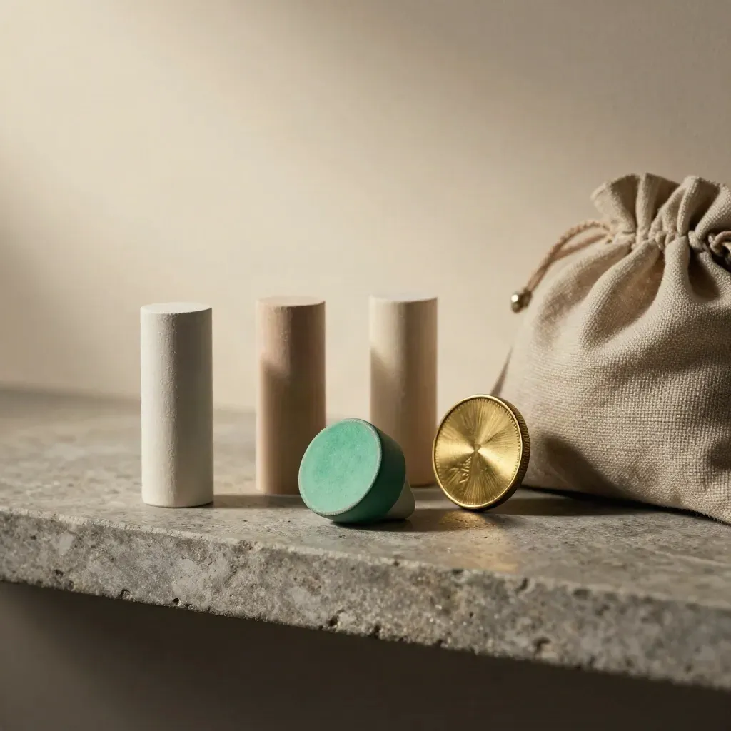 Chip sampel, token kuningan, dan pouch linen di rak batu dengan cahaya lembut.