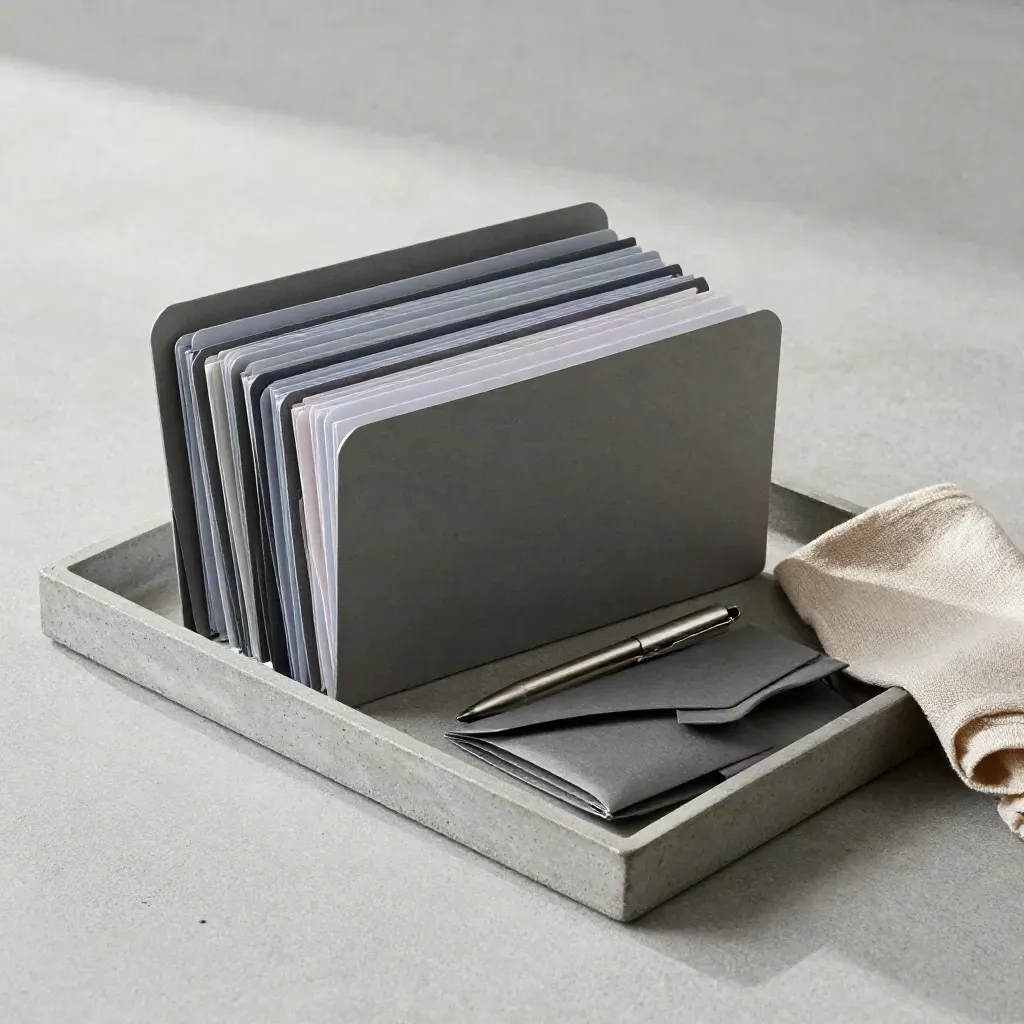 Folder tabbed rapi di atas tray beton, ditemani pena dan dompet amplop terbuka.