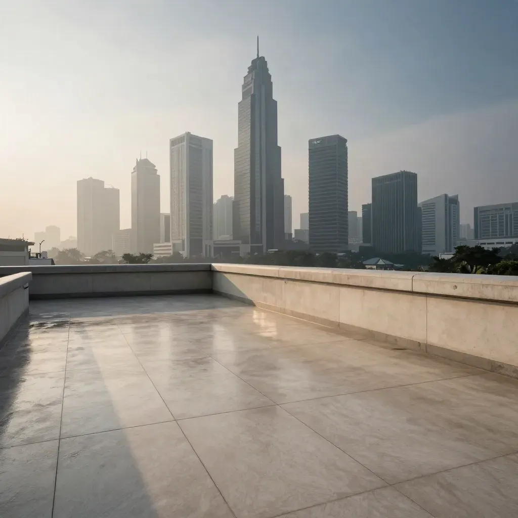 Siluet gedung Sudirman di atas teras rooftop travertine luas saat kabut pagi menguat.