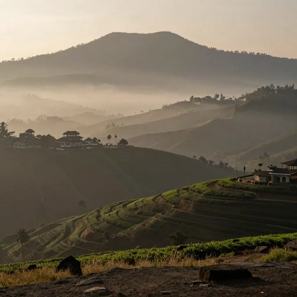 Panorama pegunungan Bandung saat matahari terbit dengan kabut lembah dan lereng teh.